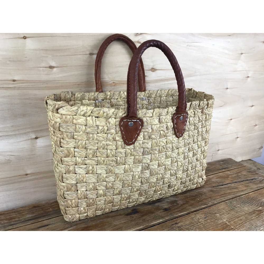 Vintage Woven Straw Raffia Beach Leather Handles Market Bag Tote